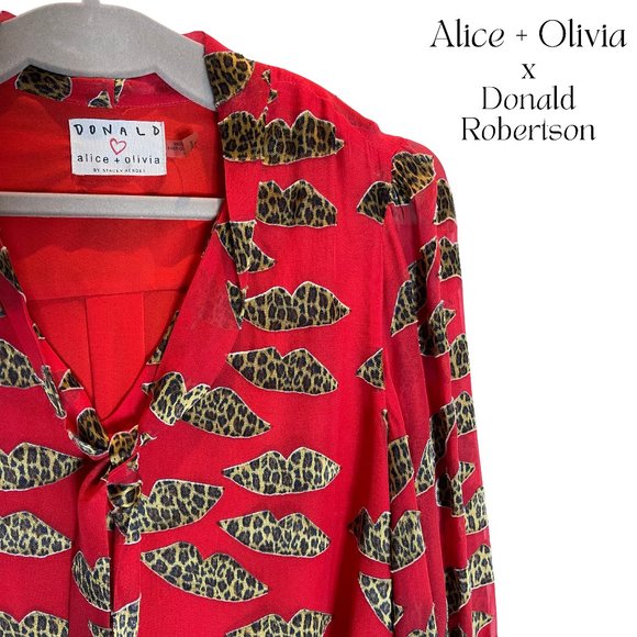 ALICE + OLIVIA RED BLOUSE WITH CHEETAH BURNOUT LIPS 3/4 SLEEVE TOP WITH TIES, M - Picture 3 of 11